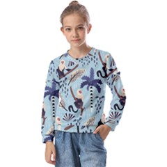 Tropical-leaves-seamless-pattern-with-monkey Kids  Long Sleeve Tee With Frill 