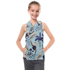 Tropical-leaves-seamless-pattern-with-monkey Kids  Sleeveless Hoodie by nate14shop