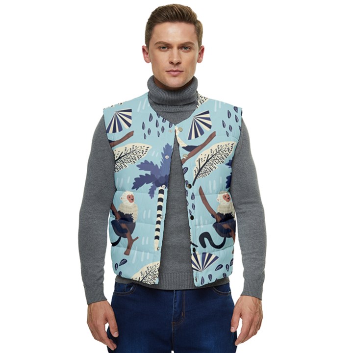 Tropical-leaves-seamless-pattern-with-monkey Men s Short Button Up Puffer Vest	