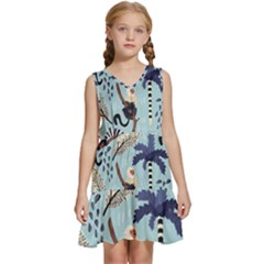 Tropical-leaves-seamless-pattern-with-monkey Kids  Sleeveless Tiered Mini Dress by nate14shop