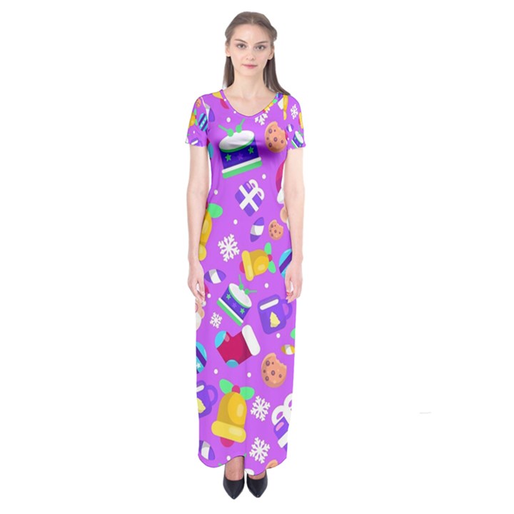 Flat-christmas-pattern-design Short Sleeve Maxi Dress