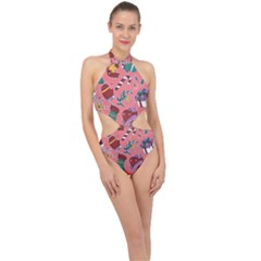 Hand-drawn-christmas-pattern-design Halter Side Cut Swimsuit