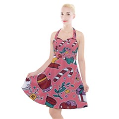 Hand-drawn-christmas-pattern-design Halter Party Swing Dress 