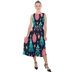 Hand-drawn-flat-christmas-pattern Midi Tie-back Chiffon Dress