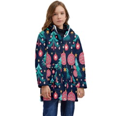 Hand-drawn-flat-christmas-pattern Kid s Hooded Longline Puffer Jacket by nate14shop