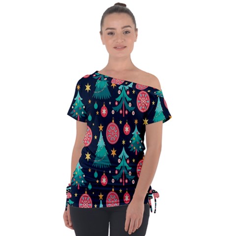 Hand-drawn-flat-christmas-pattern Off Shoulder Tie-up Tee by nate14shop