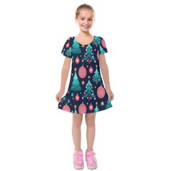 Hand-drawn-flat-christmas-pattern Kids  Short Sleeve Velvet Dress by nate14shop