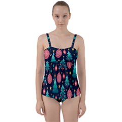 Hand-drawn-flat-christmas-pattern Twist Front Tankini Set by nate14shop