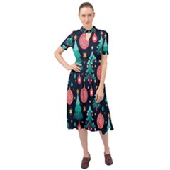 Hand-drawn-flat-christmas-pattern Keyhole Neckline Chiffon Dress by nate14shop