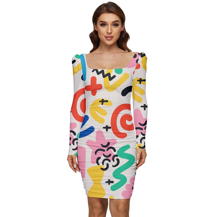 Popping Colors Women Long Sleeve Ruched Stretch Jersey Dress