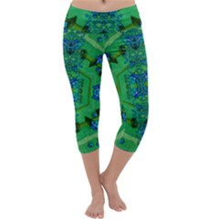 Vines Of Beautiful Flowers On A Painting In Mandala Style Capri Yoga Leggings by pepitasart