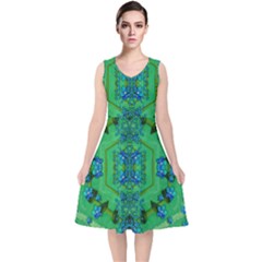 Vines Of Beautiful Flowers On A Painting In Mandala Style V-neck Midi Sleeveless Dress 