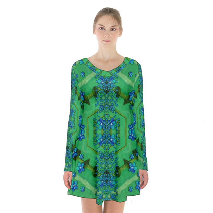 Vines Of Beautiful Flowers On A Painting In Mandala Style Long Sleeve Velvet V-neck Dress