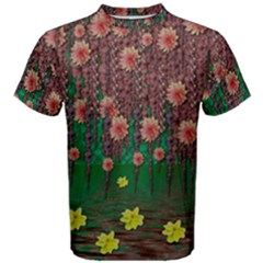 Floral Vines Over Lotus Pond In Meditative Tropical Style Men s Cotton Tee by pepitasart