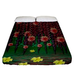 Floral Vines Over Lotus Pond In Meditative Tropical Style Fitted Sheet (queen Size) by pepitasart