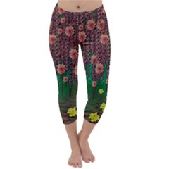 Floral Vines Over Lotus Pond In Meditative Tropical Style Capri Winter Leggings  by pepitasart