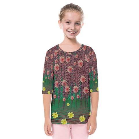 Floral Vines Over Lotus Pond In Meditative Tropical Style Kids  Quarter Sleeve Raglan Tee by pepitasart