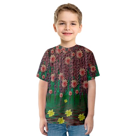 Floral Vines Over Lotus Pond In Meditative Tropical Style Kids  Sport Mesh Tee by pepitasart