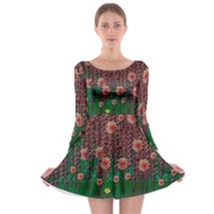 Floral Vines Over Lotus Pond In Meditative Tropical Style Long Sleeve Skater Dress by pepitasart