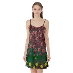 Floral Vines Over Lotus Pond In Meditative Tropical Style Satin Night Slip by pepitasart