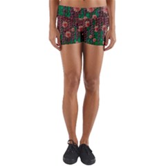 Floral Vines Over Lotus Pond In Meditative Tropical Style Yoga Shorts by pepitasart