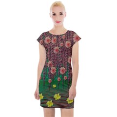 Floral Vines Over Lotus Pond In Meditative Tropical Style Cap Sleeve Bodycon Dress by pepitasart