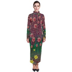 Floral Vines Over Lotus Pond In Meditative Tropical Style Turtleneck Maxi Dress by pepitasart