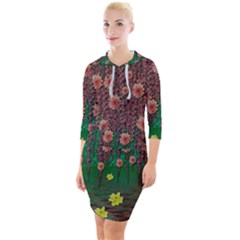 Floral Vines Over Lotus Pond In Meditative Tropical Style Quarter Sleeve Hood Bodycon Dress by pepitasart