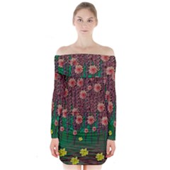 Floral Vines Over Lotus Pond In Meditative Tropical Style Long Sleeve Off Shoulder Dress by pepitasart