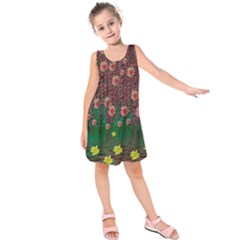 Floral Vines Over Lotus Pond In Meditative Tropical Style Kids  Sleeveless Dress by pepitasart