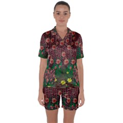 Floral Vines Over Lotus Pond In Meditative Tropical Style Satin Short Sleeve Pajamas Set by pepitasart