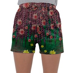 Floral Vines Over Lotus Pond In Meditative Tropical Style Sleepwear Shorts by pepitasart