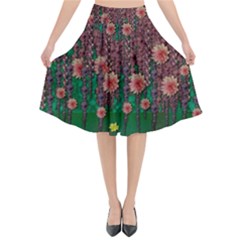 Floral Vines Over Lotus Pond In Meditative Tropical Style Flared Midi Skirt by pepitasart