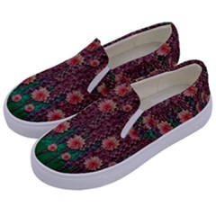 Floral Vines Over Lotus Pond In Meditative Tropical Style Kids  Canvas Slip Ons by pepitasart