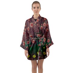 Floral Vines Over Lotus Pond In Meditative Tropical Style Long Sleeve Satin Kimono by pepitasart