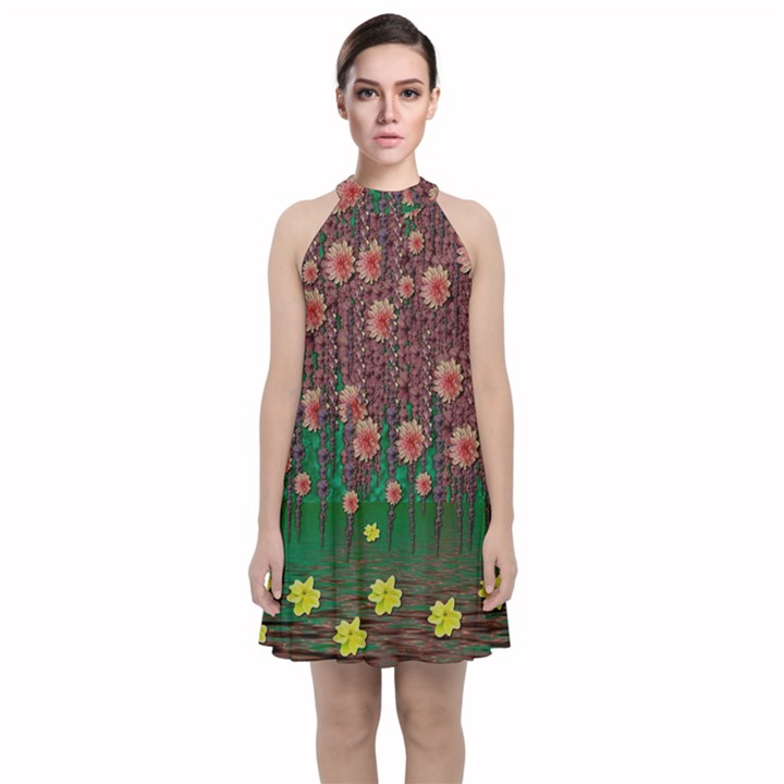 Floral Vines Over Lotus Pond In Meditative Tropical Style Velvet Halter Neckline Dress 