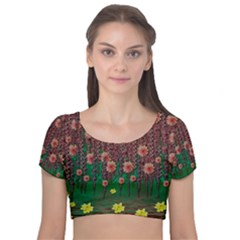 Floral Vines Over Lotus Pond In Meditative Tropical Style Velvet Short Sleeve Crop Top  by pepitasart