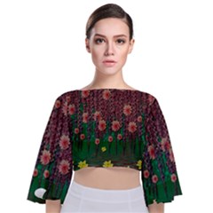 Floral Vines Over Lotus Pond In Meditative Tropical Style Tie Back Butterfly Sleeve Chiffon Top by pepitasart