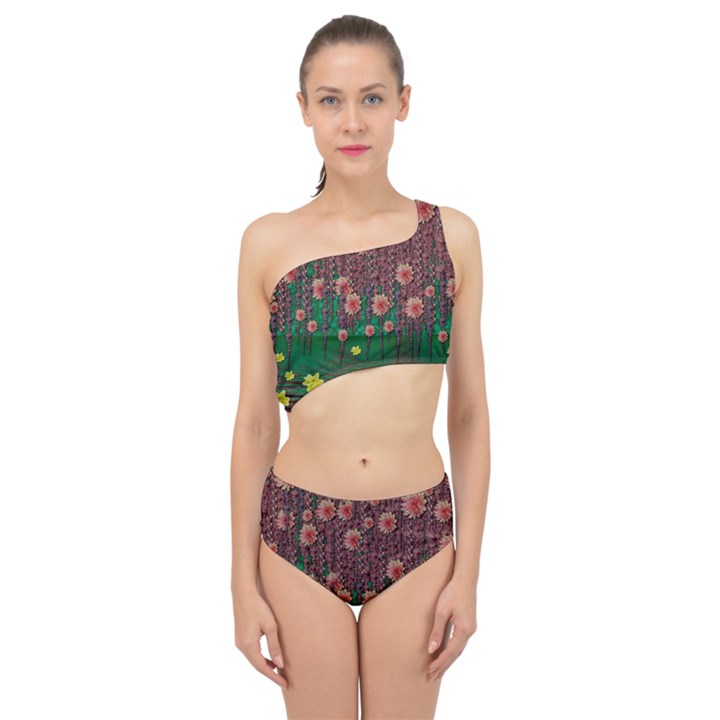 Floral Vines Over Lotus Pond In Meditative Tropical Style Spliced Up Two Piece Swimsuit