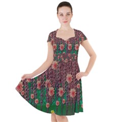 Floral Vines Over Lotus Pond In Meditative Tropical Style Cap Sleeve Midi Dress by pepitasart