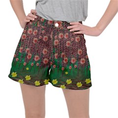 Floral Vines Over Lotus Pond In Meditative Tropical Style Ripstop Shorts by pepitasart