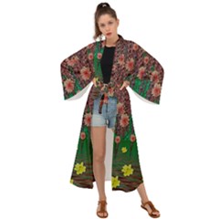 Floral Vines Over Lotus Pond In Meditative Tropical Style Maxi Kimono by pepitasart