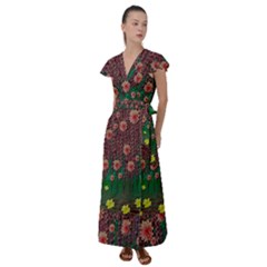 Floral Vines Over Lotus Pond In Meditative Tropical Style Flutter Sleeve Maxi Dress by pepitasart