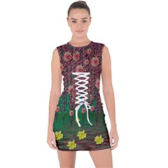 Floral Vines Over Lotus Pond In Meditative Tropical Style Lace Up Front Bodycon Dress by pepitasart