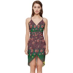 Floral Vines Over Lotus Pond In Meditative Tropical Style Wrap Frill Dress