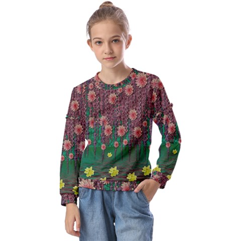 Floral Vines Over Lotus Pond In Meditative Tropical Style Kids  Long Sleeve Tee With Frill  by pepitasart