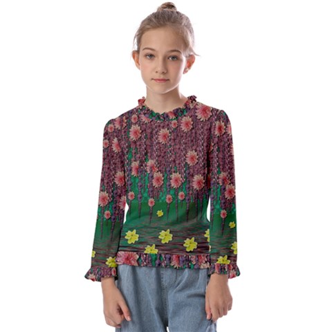 Floral Vines Over Lotus Pond In Meditative Tropical Style Kids  Frill Detail Tee by pepitasart