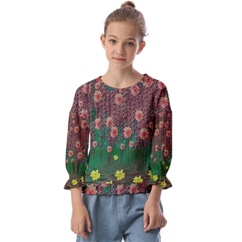 Floral Vines Over Lotus Pond In Meditative Tropical Style Kids  Cuff Sleeve Top by pepitasart