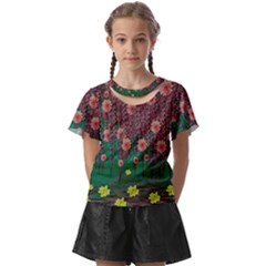 Floral Vines Over Lotus Pond In Meditative Tropical Style Kids  Front Cut Tee by pepitasart