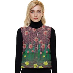 Floral Vines Over Lotus Pond In Meditative Tropical Style Women s Short Button Up Puffer Vest by pepitasart